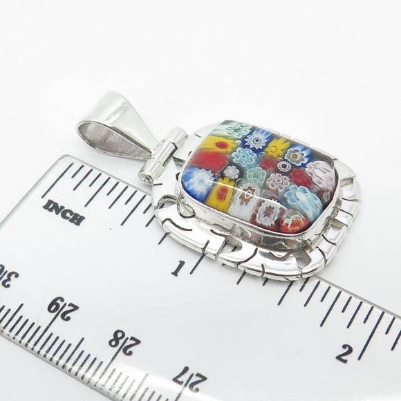 950 Silver Vintage Multi-Color Glass Floral Pendant - Picture 3 of 8